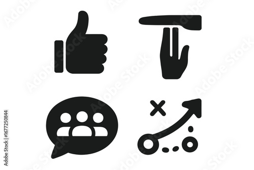 Team communication icon set. Solid glyph icons for business strategy and sports tactics. Includes timeout hand signal, thumbs up for approval, and team meeting chat bubble.