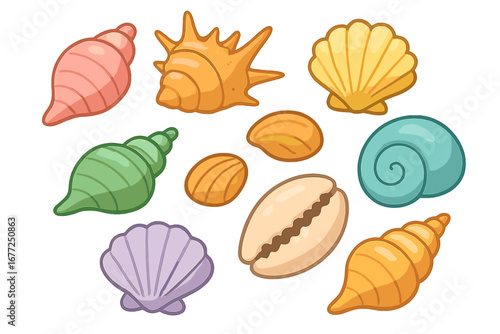 Variety of Colorful Seashells Vector Illustration, Cartoon Style Shells in Different Shapes and Textures, Beach and Ocean Collection, Transparent Background Graphic