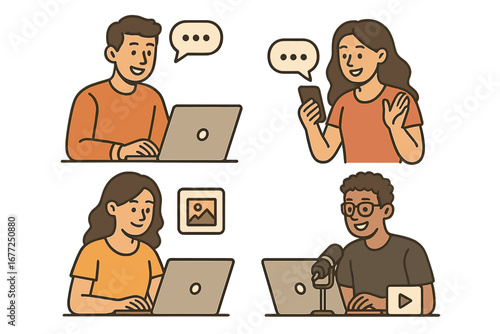 People creating digital content collection. Characters chat online with laptop and phone, man vlogs with microphone, woman designs. Concept for remote work, social media.