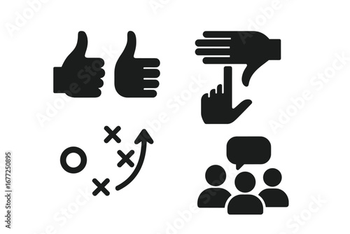Team communication and strategy icon set. Solid vector icons for teamwork, business planning, and coaching. Includes thumbs up approval, timeout hand gesture, and tactical play diagram.