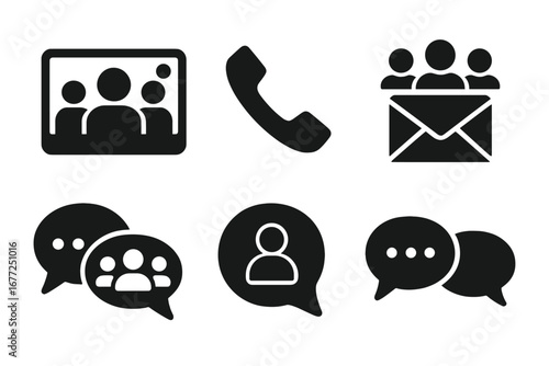Team communication glyph icons set. Vector symbols for business group chat, video conference, email and phone call. Corporate meeting and discussion solid pictograms.