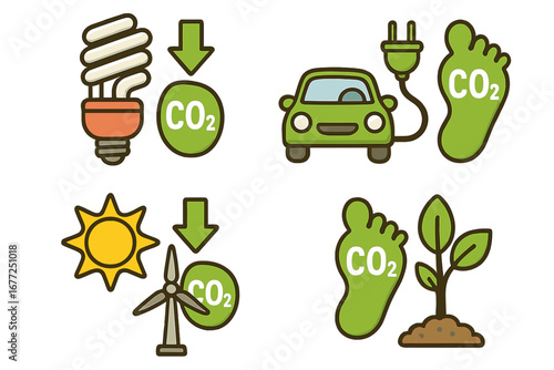 Icons showcasing carbon footprint reduction techniques for environmental awareness and sustainability initiatives with energy saving bulbs, electric cars, renewable energy, and eco-friendly growth