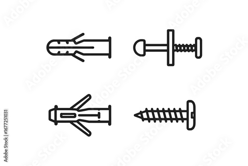 Mounting hardware line icon set. Collection of wall anchor, toggle bolt, molly bolt, and screw icons. Fastener for drywall, construction, home repair, and DIY projects.