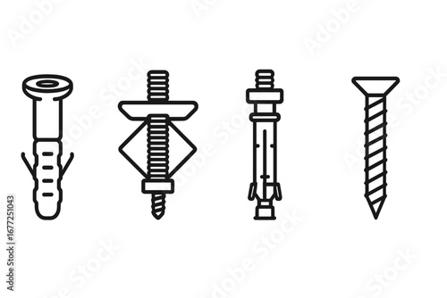 Mounting hardware line icons. Set of fasteners including wall anchor, toggle bolt, molly bolt, and screw. Vector symbols for DIY, construction, and renovation projects.