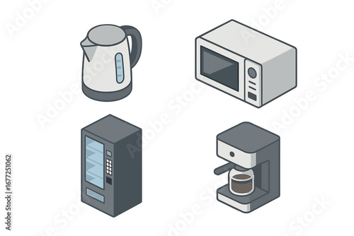 Office breakroom isometric icon set. Vector illustration of kitchen appliances: electric kettle, microwave oven, vending machine, and coffee maker. Flat design workplace objects.