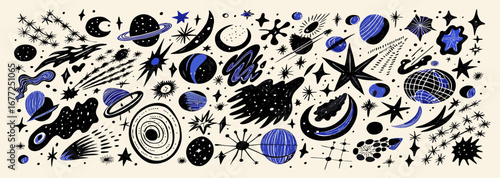 Celestial Space Doodle Collection: Planets, Stars, Moons, and Cosmic Elements