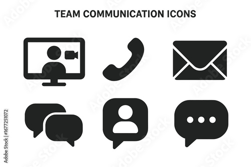 Team communication solid glyph icons set. Vector symbols for business contact, video conference call, phone, email message, chat app, and user dialogue for web and mobile ui.