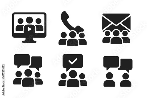 Team communication icon set. Business collaboration solid glyph icons. Group video call, conference phone call, team email, chat, and discussion vector pictograms.