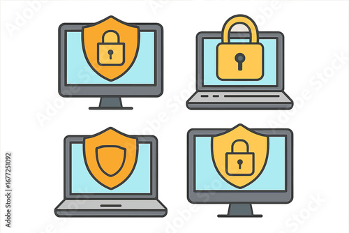 Cybersecurity Concepts Vector Illustration with Computer Screens, Shields, and Locks, Flat Cartoon Style, Data Protection, Digital Security, Network Safety Icons, Transparent Background