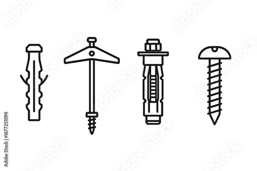 Mounting hardware outline icon set. Wall anchor, toggle bolt, molly bolt, and screw. Fastener and fixing tools for construction, renovation, or DIY projects. Vector symbols.