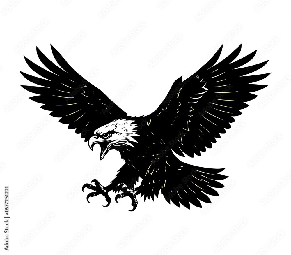 Obraz premium Majestic Eagle in Flight with Outstretched Wings on White Background