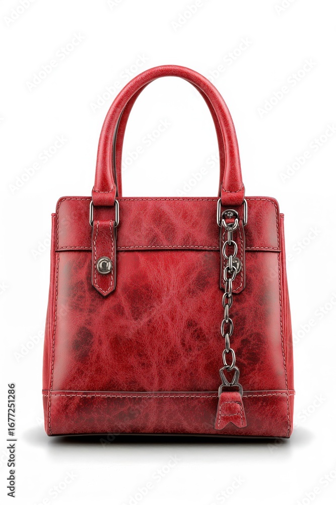 Naklejka premium Elegant red leather handbag with metallic chain detail on white background