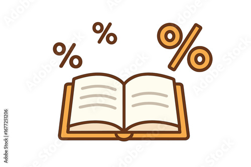 Vector flat illustration of open book with percentage symbols, educational finance concept, cartoon style, transparent background, financial literacy and math learning graphic