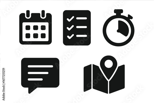 Team coordination & project management solid icon set. Vector glyphs for business workflow, planning, schedule, task list, deadline, communication & location logistics.