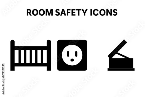 Child room safety icon set. Solid vectors of baby crib with railings, electrical outlet plug, and toy chest with lid support. Home childproofing, nursery care, and protection concepts.