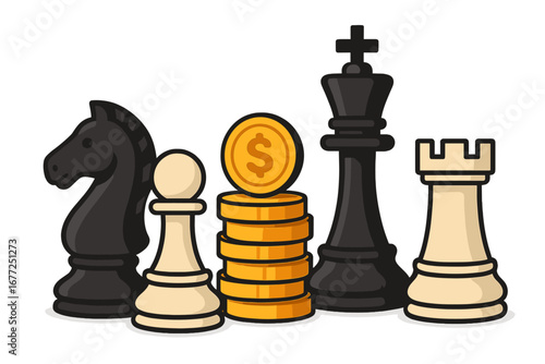 Creative vector flat illustration of chess pieces and stacked coins symbolizing strategic finance, business planning, and investment concepts in a modern cartoon style with transparent background