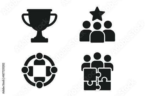 Team Excellence Icons. Solid icon set of teamwork, success, achievement, and collaboration. Trophy for victory, star team for leadership, unity circle, puzzle for synergy and partnership.
