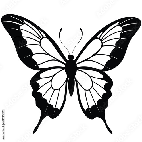 Black silhouette of a butterfly with patterned wings on a white background Keywords: butterfly, insect