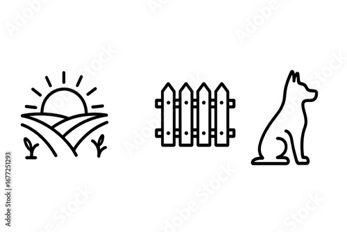 Rural dawn icons outline set, serene countryside sunrise over fields, dirt farm path, classic picket fence, loyal farm dog silhouette vector illustration transparent background
