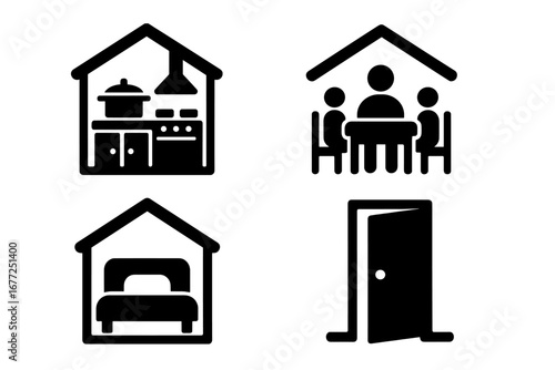 Set of 4 home life icons. Multigenerational living concept. Shared kitchen, family dining table, bedroom, and open door. Vector glyphs for real estate and cohabitation.