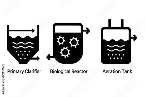 Wastewater treatment process icon set. Sewage purification plant system. Solid glyph icons of primary clarifier, biological reactor, and aeration tank. Water cleaning vector.