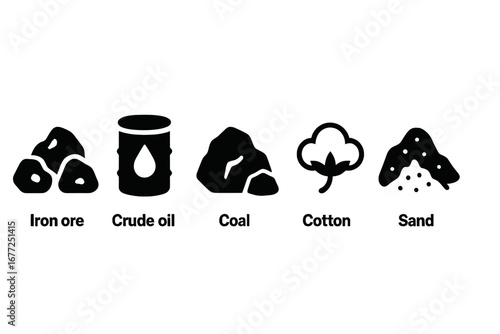 Raw materials vector icon set. Solid glyphs of iron ore, crude oil, coal, cotton, and sand. Natural resources, commodities, energy, and industry symbols. Mining concept.