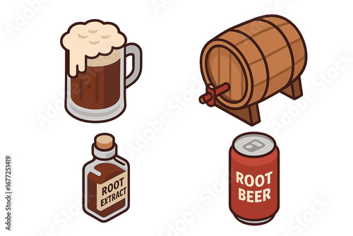 Root beer isometric icon set. Flat vector illustration of soda pop beverage elements. Frothy mug, wood barrel keg, root extract bottle, drink can. Refreshment concept.