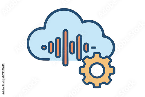 Vector flat illustration of cloud technology with sound waves and gear representing digital audio processing, cloud computing, sound engineering, digital transformation, and tech innovation