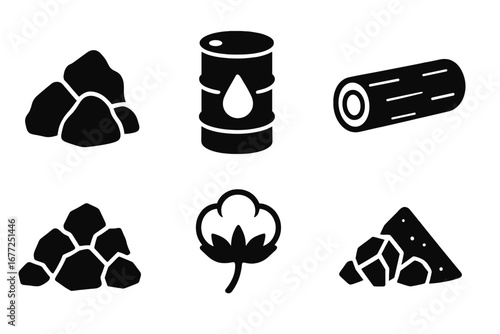 Raw materials solid icon set. Natural resources glyph collection. Commodities silhouette vector illustration. Includes iron ore, crude oil, timber log, coal, cotton and bauxite.