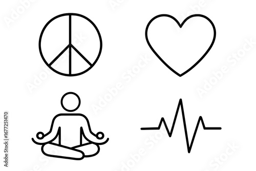 Peace, love, and health icon set. Heart, meditation, and heartbeat line icons. Vector symbols for mindfulness, yoga, well-being, harmony, and life balance. Outline graphic.