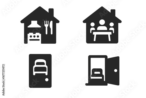 Multigenerational home solid icon set. Shared living spaces, communal kitchen, family dining room, private bedroom door. Vector glyph pictograms for co-living concept.