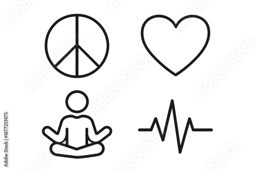 Peace love heart line icon set. Meditation yoga pulse symbols. Mindfulness, wellness, harmony concept. Outline collection. Zen, life balance, spiritual health vector graphic.