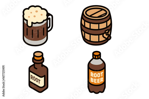 Root beer icon set in isometric flat design style. Vector graphic collection with frothy mug, wooden barrel keg, root extract bottle, and soda pop. Beverage illustration.