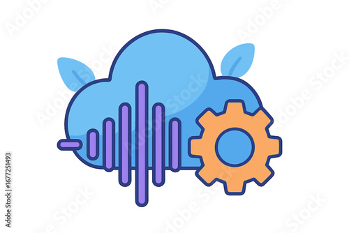 Vector flat illustration of cloud technology with sound waves and gear representing digital audio processing and cloud computing in a modern digital landscape cartoon style
