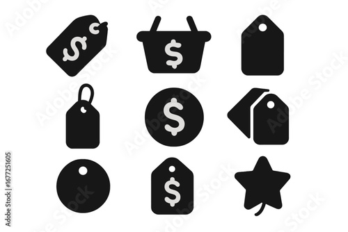 Shopping icon set. Price tag silhouette collection. Vector label and sale symbols for e-commerce and retail. Discount, marketing and commercial graphic elements. Dollar pictogram.