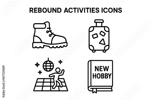 Rebound activities outline icon set. Symbols of self-care, new beginnings, personal growth after breakup. Vector icons of hiking, travel, dancing, and learning a new hobby.