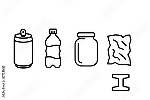 Recycled materials icon set. Outline collection for waste sorting: aluminum can, plastic bottle, glass jar, paper scrap, and steel beam. Vector for ecology & zero waste concept.