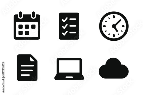 Business productivity and team management solid glyph icon set. Vector symbols for project tools, calendar schedule, task checklist, time clock, document, laptop, cloud.