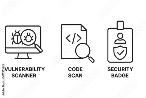 Security Icon Set with Vulnerability Scanner, Code Scan, and Security Badge. Outline Vector Illustration of Cybersecurity, Compliance, and Protection Concepts on Transparent Background