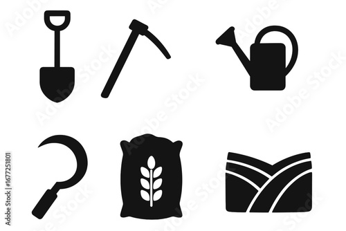 Farming tools icon set. Agriculture and gardening equipment glyphs. Vector illustration collection of black silhouettes: shovel, hoe, watering can, sickle, grain sack, field.