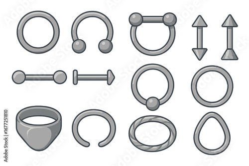 Vector flat illustration of various metallic jewelry designs featuring diverse rings, bars, and unique shapes for accessorizing. Modern metal accessories collection. Vector cartoon illustration.