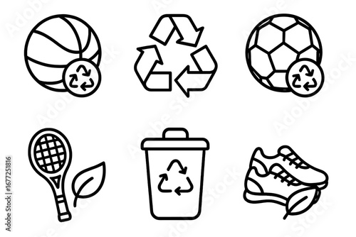 Recycling sports equipment line icon set. Sustainable gear and athletic apparel symbols. Eco-friendly basketball, soccer ball, tennis, and shoes. Reuse and reduce concept.