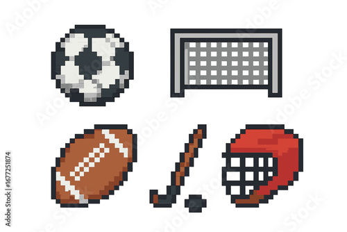Pixel Art Sports Icon Grid with Soccer Ball, Goal Post, Rugby Ball, Field Hockey Stick, and Lacrosse Helmet, Team Field Sports Vector Illustration, Transparent Background