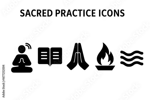 Sacred practice solid glyph icon set. Spiritual ceremony symbols: meditation, chanting, sacred text, prayer hands, ritual fire, holy water. Religion & faith vector elements.