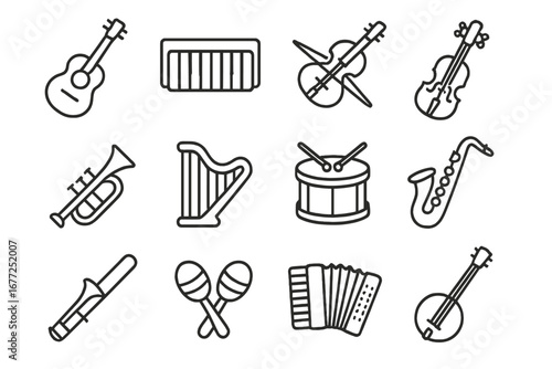 Musical instruments line icon set. Collection of simple vector outline symbols for web and mobile. Includes guitar, piano, violin, trumpet, drum, saxophone, harp, and banjo.