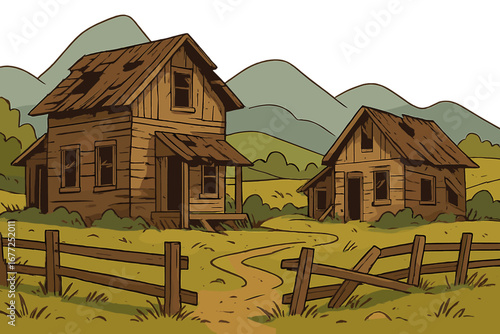 Run-down wooden houses in rural landscape. Abandoned old farm cabins with broken fence. Dilapidated architecture in countryside with hills. Vector cartoon poverty concept.