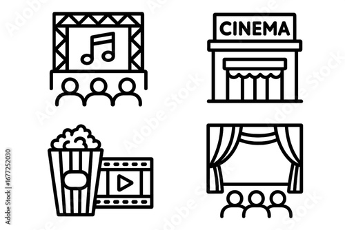 Set of entertainment line icons. Includes concert, cinema building, theater stage, and movie popcorn symbols. Vector outline pictograms for leisure, show, and performance concepts.