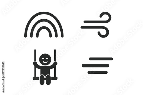 Swing motion icons solid filled vector set with swinging arcs wind gust motion lines happy child on swing transparent background playful outdoor elements