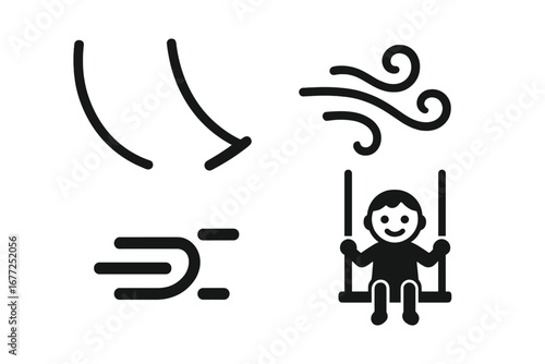 Swing motion icons, solid filled vector set featuring dynamic swinging arcs, wind gust symbols, speed motion lines, and happy child playing on swing, transparent background