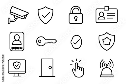 Security and access control line icon set. Symbols for safety, protection, cybersecurity, and authentication. Vector pictogram collection with lock, key, cctv, password, id.